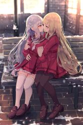 Rule 34 | 2girls, assault lily, belt, bench, benevole, black pantyhose, black sailor collar, blonde hair, brick floor, brown footwear, commentary request, commission, dress, eye contact, grey hair, high belt, highres, hug, imminent kiss, kanba girls high school uniform, kon kanaho, loafers, long hair, looking at another, miyagawa takane, multiple girls, outdoors, pantyhose, red dress, sailor collar, school uniform, shoes, sitting, skeb commission, snow, snowing, thighhighs, white thighhighs, yuri