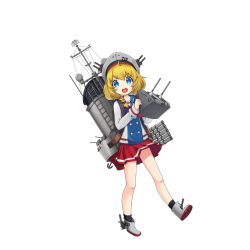 Rule 34 | 1girl, :d, anchor, black socks, blonde hair, blue eyes, braid, cannon, e neko, full body, gearing (warship girls r), hair over shoulder, hat, heart, holding, holding weapon, ladder, long sleeves, looking at viewer, machinery, official art, open mouth, pleated skirt, red skirt, shirt, shoes, skirt, smile, smokestack, socks, solo, star-shaped pupils, star (symbol), symbol-shaped pupils, torpedo, transparent background, turret, walking, warship girls r, weapon, white footwear, white hat, white shirt