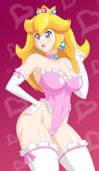 Rule 34 | 1girl, alternate costume, armpits, bare shoulders, blonde hair, blue eyes, bluebullpen, blush, breasts, cleavage, collarbone, crown, earrings, elbow gloves, female focus, frilled leotard, frilled strapless, frilled thighhighs, frills, gem, gloves, hand on own hip, heart, heart background, highleg, highleg leotard, highres, jewelry, large breasts, lavender leotard, leotard, lips, lipstick, long hair, makeup, mario (series), neck, necklace, nintendo, open mouth, pink leotard, princess peach, purple background, round teeth, shiny clothes, shiny leotard, shiny skin, smile, solo, standing, strapless, strapless leotard, super mario bros. 1, teeth, thighhighs, white gloves, white thighhighs