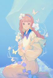 Rule 34 | 1girl, bad id, bad pixiv id, blue background, blue butterfly, blue hairband, branch, bug, butterfly, cirrika, closed mouth, commentary, dress, flower, green eyes, hair flower, hair ornament, hairband, highres, insect, long dress, long hair, long sleeves, looking at viewer, looking to the side, original, pink hair, seiza, sitting, smile, solo, twitter username, white butterfly, white flower, yellow dress