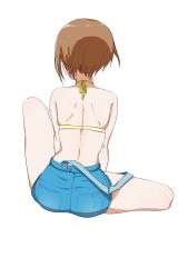 Rule 34 | 1girl, arms at sides, ass, back, bare legs, bikini, brown hair, commentary request, from behind, full body, halterneck, highres, original, short hair, sitting, solo, suspenders, suspenders slip, swimsuit, telephoto, toes, transparent background, yellow bikini
