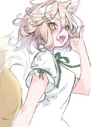 Rule 34 | 1girl, animal ear fluff, animal ears, blonde hair, blush, deal360acv, fangs, fox ears, fox tail, green ribbon, highres, kudamaki tsukasa, looking at viewer, open mouth, ribbon, romper, short hair, short sleeves, simple background, solo, tail, touhou, upper body, white background, white romper, yellow eyes