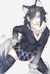Rule 34 | 1girl, absurdres, animal ears, arm support, between breasts, black hair, black thighhighs, blazer, blue eyes, breast pocket, breasts, buttons, cleavage, commentary request, extra ears, fangs, fur collar, gloves, grey hair, grey wolf (kemono friends), hand on own hip, head tilt, heterochromia, highres, jacket, kemono friends, kneeling, leaning forward, long hair, long sleeves, looking at viewer, medium breasts, mine tsukasa, miniskirt, multicolored hair, necktie, necktie between breasts, open mouth, outstretched arm, plaid, plaid necktie, plaid neckwear, plaid skirt, pocket, sidelocks, signature, simple background, skindentation, skirt, smile, solo, tail, thighhighs, two-tone hair, white background, white gloves, wolf ears, wolf girl, wolf tail, yellow eyes, zettai ryouiki