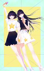 Rule 34 | 2girls, absurdres, black hair, blue eyes, bracelet, food, highres, holding, holding ice cream cone, ice cream, ice cream cone, jewelry, legs, long hair, looking at viewer, looking away, moss (2225028), multiple girls, nail polish, open mouth, original, shirt, shoes, siblings, simple background, sisters, skirt, smile, soft serve, star (symbol), star print, t-shirt, white footwear, wristband, yellow nails