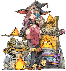 Rule 34 | 1girl, 4others, alchemist, alchemy, ass, bare shoulders, black footwear, black gloves, black legwear, blonde hair, blue eyes, book, boots, bow, bowtie, breasts, brick wall, broom, bug, butt crack, butterfly, cauldron, chemistry, chemistry set, commentary, commission, crystal, detached sleeves, earrings, english commentary, eyewear on head, fire, from behind, gem, gloves, hat, high heels, holding, holding staff, insect, jewelry, kafun, large breasts, long hair, looking back, mouse (animal), multiple others, original, personification, science, silk, simple background, skeb commission, spider web, staff, standing, table, tachikawa yoru (dragoaman), teapot, thick thighs, thighs, torch, white background, witch, witch hat