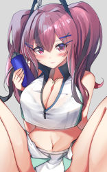 Rule 34 | 1girl, absurdres, azur lane, bare legs, bare shoulders, blush, bottle, breasts, bremerton (azur lane), bremerton (scorching-hot training) (azur lane), cleavage, collarbone, collared shirt, commentary request, cowboy shot, crop top, crop top overhang, green skirt, grey background, grey hair, hair between eyes, hair intakes, hair ornament, hairclip, hand up, heart, heart necklace, highres, holding, holding bottle, jewelry, knees up, large breasts, long hair, looking at viewer, midriff, misonikomi, mole, mole under eye, multicolored hair, navel, necklace, parted lips, pink eyes, pink hair, shaded face, shirt, sidelocks, simple background, skirt, sleeveless, sleeveless shirt, solo, sportswear, squatting, streaked hair, tennis uniform, twintails, two-tone hair, two-tone skirt, water bottle, white shirt, white skirt