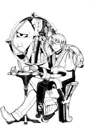 Rule 34 | 1boy, ahoge, book, chair, choker, collarbone, cup, glasses, greyscale, highres, horns, k-you (hikarininare), katana, long sleeves, male focus, mask, monochrome, morichika rinnosuke, puffy sleeves, quill, sitting, solo, sugar cube, sword, table, teacup, touhou, weapon