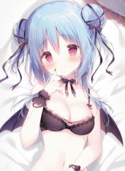 Rule 34 | 1girl, bare arms, bare shoulders, bed sheet, black bra, black nails, black wings, blue hair, blush, bra, breasts, cleavage, closed mouth, collarbone, commentary request, double bun, hair between eyes, hair bun, highres, looking at viewer, lying, medium breasts, mini wings, nail polish, on back, original, red eyes, shiratama (shiratamaco), smile, solo, two side up, underwear, underwear only, upper body, wings, wrist cuffs