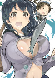Rule 34 | 10s, 2girls, binoculars, black hair, blush, breasts, brown eyes, brown hair, bursting breasts, cardigan, cleavage, fairy (kancolle), fish, fishing line, hairband, hat, huge breasts, kantai collection, long hair, multiple girls, open mouth, pinero, skilled lookouts (kancolle), tears, ushio (kancolle)