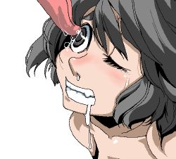 Rule 34 | 1girl, aliasing, black eyes, black hair, brown hair, character request, chiisan, clenched teeth, copyright request, grimace, licking, licking eye, lowres, oculingus, one eye closed, saliva, short hair, simple background, snot, solo, tears, teeth, tongue, tongue out, white background