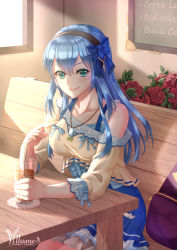 Rule 34 | 1girl, aqua eyes, artist name, bare shoulders, beige shirt, bench, bendy straw, black hairband, blue bow, blue camisole, blue hair, blue skirt, bow, breasts, camisole, center frills, character request, closed mouth, collarbone, commentary, commission, cup, drink, drinking glass, drinking straw, english commentary, flower, frills, hair between eyes, hair bow, hairband, holding, holding cup, indoors, jewelry, large breasts, long hair, off shoulder, on bench, park bench, pendant, phantasy star, phantasy star online 2, pleated skirt, puffy short sleeves, puffy sleeves, red flower, red rose, rose, short sleeves, signature, sitting, skirt, smile, solo, table, very long hair, villyane