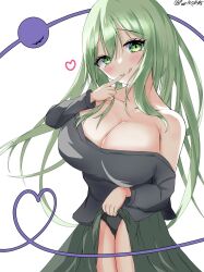 Rule 34 | 1girl, bare shoulders, blush, breasts, cleavage, clothes lift, green eyes, green hair, highres, komeiji koishi, large breasts, looking at viewer, part1550105, shiny skin, simple background, skirt, skirt lift, smile, solo, thighs, tongue, tongue out, touhou, white background