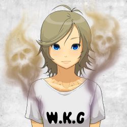 Rule 34 | 1girl, antenna hair, blue eyes, brown hair, closed mouth, clothes writing, ghost, highres, looking at viewer, original, shirt, short hair, short sleeves, simple background, skull, smell, smile, solo, swept bangs, tocky, upper body, white shirt