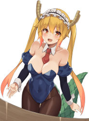 Rule 34 | 1girl, :d, bare shoulders, blonde hair, blue leotard, breasts, brown pantyhose, cleavage, collarbone, commission, covered navel, detached collar, detached sleeves, dragon horns, dragon tail, fang, groin, highres, horns, kaosu kun, kobayashi-san chi no maidragon, large breasts, large tail, leotard, long hair, long sleeves, looking at viewer, maid headdress, necktie, nontraditional playboy bunny, open mouth, orange eyes, pantyhose, playboy bunny, short necktie, simple background, smile, solo, standing, tail, tohru (maidragon), very long hair, white background