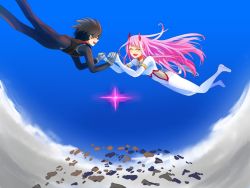 Rule 34 | 10s, 1boy, 1girl, black hair, cloud, couple, darling in the franxx, closed eyes, holding hands, heaven, hiro (darling in the franxx), horns, long hair, pilot suit, pink hair, short hair, user wrxh8852, zero two (darling in the franxx)