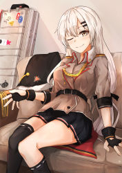 Rule 34 | 1girl, absurdres, asymmetrical legwear, belt, black belt, black gloves, black skirt, black thighhighs, brown jacket, closed mouth, commentary, commentary request, couch, girls&#039; frontline, gloves, grey eyes, grey hair, highres, jacket, jewelry, long hair, looking at viewer, muteppona hito, one eye closed, partially fingerless gloves, ring, sitting, skirt, smile, solo, svd (girls&#039; frontline), thighhighs, uneven legwear, uniform, weapon case