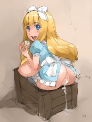 Rule 34 | 1girl, aftersex, alice (alice in wonderland), alice in wonderland, ass, blonde hair, blue eyes, blush, bow, box, breasts, censored, crate, cum, cum in pussy, cum pool, cumdrip, dress, eating, eyebrows, female focus, food, from behind, hair bow, huge breasts, in box, in container, koboshi no niwa, large breasts, long hair, looking at viewer, looking back, nipples, no panties, open mouth, puffy short sleeves, puffy sleeves, pussy, short sleeves, sitting, sitting on object, smile, solo, teeth, tongue, tsuyo (koboshi no niwa)