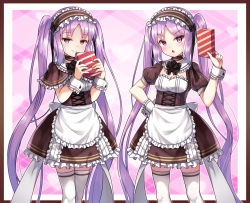 Rule 34 | 1girl, alternate costume, black dress, blush, box, breasts, dress, enmaided, euryale (fate), fate/hollow ataraxia, fate (series), frilled hairband, frills, gift, gift box, hairband, kasaran, long hair, looking at viewer, maid, open mouth, purple eyes, purple hair, siblings, sisters, small breasts, smile, stheno (fate), thighhighs, thighs, twins, twintails, very long hair