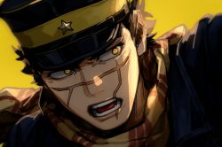 Rule 34 | 1boy, facial scar, glowing, glowing eyes, golden kamuy, grmms otk, looking to the side, male focus, open mouth, outstretched arm, portrait, scar, scar on cheek, scar on face, scar on nose, serious, short hair, solo, sugimoto saichi, yellow eyes