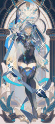 Rule 34 | 1girl, absurdres, arm up, asymmetrical hair, belt, black footwear, black gloves, black hairband, blue capelet, blue gloves, blue hair, blue necktie, blush, boots, breasts, cape, capelet, closed mouth, eula (genshin impact), full body, genshin impact, gloves, hair ornament, hairband, highres, large breasts, leotard, long sleeves, looking at viewer, medium hair, necktie, niukou kouzi, shirt, sidelocks, solo, thigh boots, thigh strap, thighhighs, two-tone gloves, underbust, vision (genshin impact), white shirt, wide sleeves, yellow eyes
