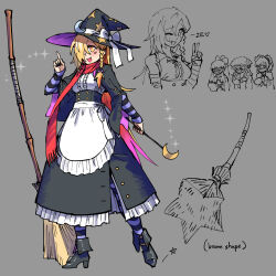 Rule 34 | alice margatroid, alternate costume, alternate hairstyle, apron, blonde hair, bow, broom, full body, grey background, hakurei reimu, hat, hat bow, highres, kaibootsu, kirisame marisa, looking at viewer, patchouli knowledge, red scarf, scarf, socks, star (symbol), star print, striped clothes, striped socks, touhou, white apron, witch hat