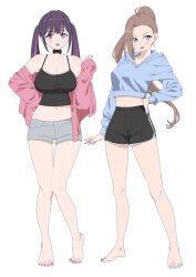 2girls :d asymmetrical_bangs bare_legs barefoot black_bow black_bowtie black_shorts black_tank_top blue_hoodie bow bowtie breasts brown_hair cardigan closed_mouth collarbone diamond_earrings earrings full_body grey_eyes grey_shorts hand_on_own_hip high_ponytail highres hood hoodie jewelry kuro_(toi_et_moi) large_breasts light_blush long_hair long_sleeves looking_at_viewer multiple_girls nail_polish navel open_cardigan open_clothes open_mouth original pink_cardigan ponytail purple_eyes purple_hair short_shorts shorts simple_background smile striped_clothes striped_hair striped_shorts tank_top toenail_polish toenails toes twintails white_background