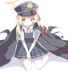 Rule 34 | 1girl, armband, black coat, blonde hair, bloomers, blue archive, bow, brown eyes, closed mouth, coat, coat on shoulders, collared shirt, demon tail, demon wings, dress, full body, halo, hat, hat bow, highres, ibuki (blue archive), jacket, looking at viewer, low wings, military jacket, neck ribbon, oversized clothes, peaked cap, ribbon, ruutenitsu (tsuinteeru), shirt, side ponytail, simple background, sitting, smile, solo, tail, underwear, wariza, white background, white shirt, wings