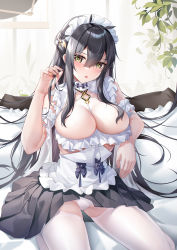 Rule 34 | 1girl, :p, apron, arm garter, arm rest, artist name, azur lane, between breasts, black hair, black skirt, blush, breasts, choker, cleavage, crotchless, crotchless pantyhose, frilled apron, frilled choker, frilled garter, frilled hairband, frills, groin, hair between eyes, hairband, hand up, highres, holding, holding own hair, indomitable (azur lane), indomitable (ms. motivationless maid) (azur lane), indoors, large breasts, long hair, maid headdress, official alternate costume, panties, pantyhose, pantyshot, plant, pleated skirt, revealing clothes, sidelocks, sitting, skirt, solo, stardust (chen&#039;ai weiding), tongue, tongue out, underwear, very long hair, white apron, white choker, white garter, white hairband, white panties, white pantyhose, yellow eyes