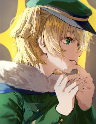 Rule 34 | 1girl, backlighting, blonde hair, blue cape, blurry, breast pocket, brown background, cape, commentary, daiba nana, depth of field, fingernails, fur-trimmed cape, fur trim, green eyes, green hat, green jacket, grin, hair between eyes, hands up, hat, highres, jacket, long sleeves, looking away, military, military hat, military uniform, official alternate costume, own hands together, parted lips, peaked cap, pocket, short hair, short twintails, shoujo kageki revue starlight, smile, solo, sorano (azu mine), sparkle background, twintails, uniform, upper body