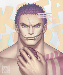 Rule 34 | 1boy, anger vein, arm tattoo, charlotte katakuri, chest tattoo, doughnut, food, frown, hand up, large pectorals, male focus, muscular, muscular male, one piece, pectorals, pink hair, portrait, sephirona, short hair, solo, stitches, straight-on, tattoo, tusks