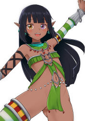 Rule 34 | 1boy, absurdres, bare hips, black hair, blunt bangs, commission, convenient censoring, cuffs, dark elf, dark skin, detached sleeves, earrings, egyptian clothes, elf, gem, heterochromia, highres, hime cut, jewelry, jtleeklm, long hair, looking at viewer, midriff, navel, no panties, orange eyes, original, over-kneehighs, pearl earrings, pelvic curtain, pixiv commission, pointy ears, purple eyes, quiver, red gemstone, revealing clothes, simple background, solo, thighhighs, trap, usekh collar, white background