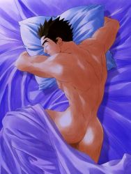 Rule 34 | 1boy, ass, bara, bed, bed sheet, ichimonji batsu, justice gakuen, male focus, masanori, nude, pillow, sleeping, solo