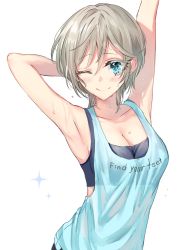 Rule 34 | 1girl, ;), anastasia (idolmaster), arm behind head, armpits, arms up, blue eyes, blush, breasts, cleavage, collarbone, english text, highres, idolmaster, idolmaster cinderella girls, looking at viewer, medium breasts, one eye closed, rum raisin (chihiromakita19), see-through, short hair, silver hair, simple background, smile, solo, sports bra, sweat, tank top, upper body, wet, wet clothes, white background