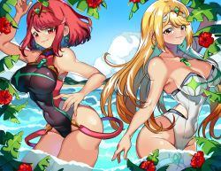 Rule 34 | 2girls, black one-piece swimsuit, blonde hair, breasts, chest jewel, competition swimsuit, gem, headpiece, highres, large breasts, long hair, multiple girls, mythra (radiant beach) (xenoblade), mythra (xenoblade), one-piece swimsuit, pyra (pro swimmer) (xenoblade), pyra (xenoblade), red eyes, red hair, red one-piece swimsuit, short hair, swept bangs, swimsuit, tiara, two-tone swimsuit, very long hair, xenoblade chronicles (series), xenoblade chronicles 2, yagi (kyuhyun), yellow eyes