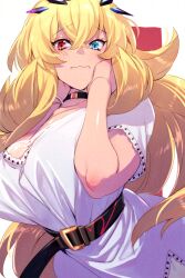 Rule 34 | 1girl, barghest (fate), belt, blonde hair, blue eyes, blush, breasts, choker, cleavage, collarbone, dress, echo (circa), fairy knight gawain (dream portrait) (fate), fate/grand order, fate (series), heterochromia, horns, huge breasts, long hair, looking at viewer, red eyes, short sleeves, solo, wavy mouth, white dress