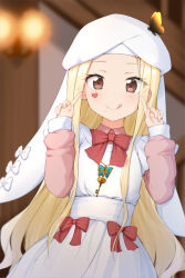 Rule 34 | 1girl, aged down, basa rutan, blush, bow, brown eyes, bug, butterfly necklace, butterfly ornament, closed mouth, dress, facial mark, forehead, hands up, hat, heart, heart facial mark, highres, index fingers raised, long hair, long sleeves, luis cammy, mole, mole under mouth, nijisanji, official alternate costume, pink shirt, red bow, shirt, smile, solo, tongue, tongue out, upper body, very long hair, virtual youtuber, white dress, white hat