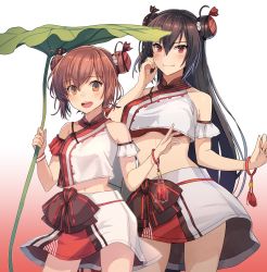 Rule 34 | 2girls, bare shoulders, black hair, blush, bow, bracelet, breasts, brown eyes, brown hair, bun cover, chinese clothes, closed mouth, collarbone, cosplay, cowboy shot, double bun, gradient background, hair between eyes, hair bun, hair ornament, highres, holding, holding leaf, jewelry, kantai collection, kasumi (skchkko), large breasts, leaf, leaf umbrella, long hair, midriff, multiple girls, nagato (kancolle), navel, open mouth, red background, red eyes, shirt, short hair, skirt, sleeveless, sleeveless shirt, smile, swimsuit, tan yang (kancolle), tan yang (kancolle) (cosplay), turret, white shirt, white skirt, yukikaze (kancolle)
