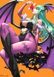 1girl abs animal_print bare_shoulders bat_(animal) bat_print black_footwear black_leotard boots breasts bridal_gauntlets cleavage clothing_cutout cutout_above_navel darkstalkers demon_girl eiwa gloves gradient_background green_hair head_wings heart_cutout highleg highleg_leotard large_breasts leotard long_hair low_wings morrigan_aensland open_mouth pantyhose pink_background pink_gloves print_pantyhose profile purple_pantyhose purple_wings solo tongue tongue_out twitter_username wings