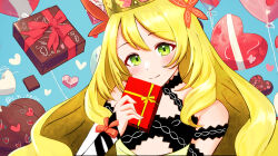 Rule 34 | 1girl, absurdres, balloon, bare shoulders, blonde hair, box, butterfly hair ornament, celine (fire emblem), closed mouth, crown, dress, fire emblem, fire emblem engage, flower, gift, gift box, green eyes, hair flower, hair ornament, highres, holding, holding gift, long hair, looking at viewer, nintendo, s n reon, smile, solo, twitter username, upper body, very long hair