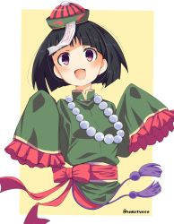 Rule 34 | 1girl, :d, alternate costume, bead necklace, beads, black eyes, black hair, blunt bangs, blunt ends, bob cut, border, chinese clothes, commentary, cropped torso, frilled sleeves, frills, girls und panzer, gotou moyoko, green hat, green jacket, hat, high collar, highres, jacket, jewelry, jiangshi, long sleeves, looking at viewer, medium hair, namatyoco, necklace, ofuda, open mouth, outside border, outstretched arms, qingdai guanmao, red sash, sash, sleeves past fingers, sleeves past wrists, smile, solo, tassel, tilted headwear, twitter username, white border, yellow background, zombie pose