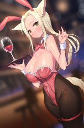 1girl absurdres animal_ears bare_shoulders black_pantyhose blonde_hair blush bow bowtie breasts cleavage closed_mouth cup detached_collar drinking_glass fake_animal_ears hand_up highres holding ichi-jirushi large_breasts leotard long_hair looking_at_viewer original pantyhose playboy_bunny rabbit_ears red_bow red_bowtie sidelocks smile solo standing tail wine_glass yellow_eyes