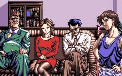 Rule 34 | 1990s (style), 1girl, 3boys, blue hair, blue shirt, breasts, brown hair, brown pants, business suit, cabinet, character request, collared shirt, couch, cowboy shot, crossed arms, crossed legs, diagonal-striped neckwear, dithering, dress, facing viewer, feet out of frame, formal, game cg, glasses, green jacket, green pants, hands on own hips, indoors, interheart, jacket, legs together, long hair, looking at viewer, lowres, medium breasts, multiple boys, necktie, on couch, pants, pc98, pixel art, red dress, reijou monogatari, retro artstyle, serious, shirt, short dress, short hair, sitting, sleeveless, sleeveless shirt, standing, striped neckwear, suit, tagme, white shirt, yellow neckwear