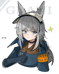 Rule 34 | 1girl, animal ears, arknights, armband, assault visor, black choker, blue gloves, blue jacket, blush, brown shirt, character name, choker, closed mouth, collared shirt, cropped torso, dot nose, elbow gloves, enunomiya, gloves, grani (arknights), grey eyes, grey hair, hair between eyes, highres, horse ears, horse girl, jacket, long hair, long sleeves, open clothes, open jacket, shirt, sidelocks, simple background, smile, solo, sparkle, straight hair, thumbs up, v-shaped eyebrows, white background, yellow armband