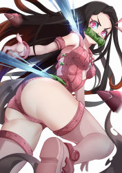 Rule 34 | 1girl, absurdres, animahakim, armband, ass, bamboo, bare shoulders, black hair, breasts, clothing cutout, forehead, from behind, gag, highres, kamado nezuko, kimetsu no yaiba, knee up, leg up, looking back, mecha musume, multicolored hair, pink eyes, pink footwear, red hair, simple background, solo, sparkle, streaked hair, thigh strap, thighs, two-tone hair, v-shaped eyebrows, white background