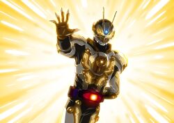Rule 34 | 1boy, abs, arm guards, armor, black bodysuit, bodysuit, bug, driver (kamen rider), gold armor, highres, kamen rider, kamen rider gazer, kamen rider geats (series), looking at viewer, male focus, manly, open hand, otokamu, outstretched hand, rider belt, sunlight, tokusatsu, vambraces, villain pose, vision driver