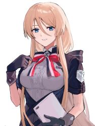 Rule 34 | 1girl, absurdres, azur lane, bismarck (azur lane), bismarck (iron black elysium) (azur lane), black gloves, blonde hair, blue eyes, breasts, gloves, grey shirt, hair between eyes, hand up, highres, holding, holding tablet pc, imperial german flag, l7mqpt, long bangs, long hair, looking at viewer, medium breasts, official alternate costume, shirt, short sleeves, simple background, smile, solo, tablet pc, upper body, white background