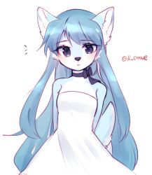 Rule 34 | 1girl, animal ears, arms behind back, bare shoulders, blue hair, body fur, dog ears, dog girl, dog tail, dress, female focus, furry, furry female, long hair, neck ribbon, open mouth, original, purple eyes, ressue (gomgom), ribbon, solo, strapless, strapless dress, tail, twitter username, white dress