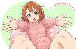 Rule 34 | 1girl, blush, brown eyes, brown hair, dress, foreshortening, hair ornament, hairclip, hard-translated, hirasawa yui, k-on!, knees, komase (jkp423), looking at viewer, lying, no pants, open mouth, outstretched arms, short hair, solo, sweater, sweater dress, third-party edit, translated