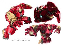 Rule 34 | animification, armor, asagen, blue eyes, character name, cropped torso, glowing, glowing eyes, hulkbuster, iron man, leaning forward, looking down, marvel, mecha, multiple views, open hands, power armor, robot, science fiction, upper body, white background