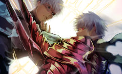 Rule 34 | 2boys, arima kishou, armor, black eyes, black shirt, closed mouth, expressionless, fighting, glasses, grey hair, kagune (tokyo ghoul), kaneki ken, kyuuba melo, looking at another, male focus, multiple boys, red eyes, shirt, short hair, tokyo ghoul, tokyo ghoul:re, upper body, white background